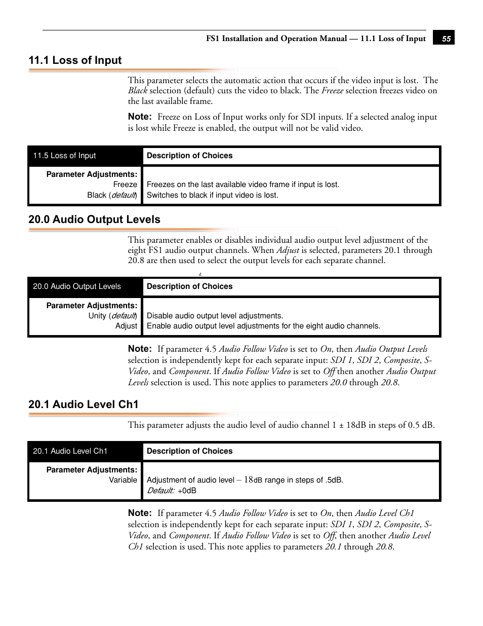 1 loss of input, 0 audio output levels, 1 audio level ch1 | AJA FS1 Version 2.2.0.47 User Manual | Page 65 / 138