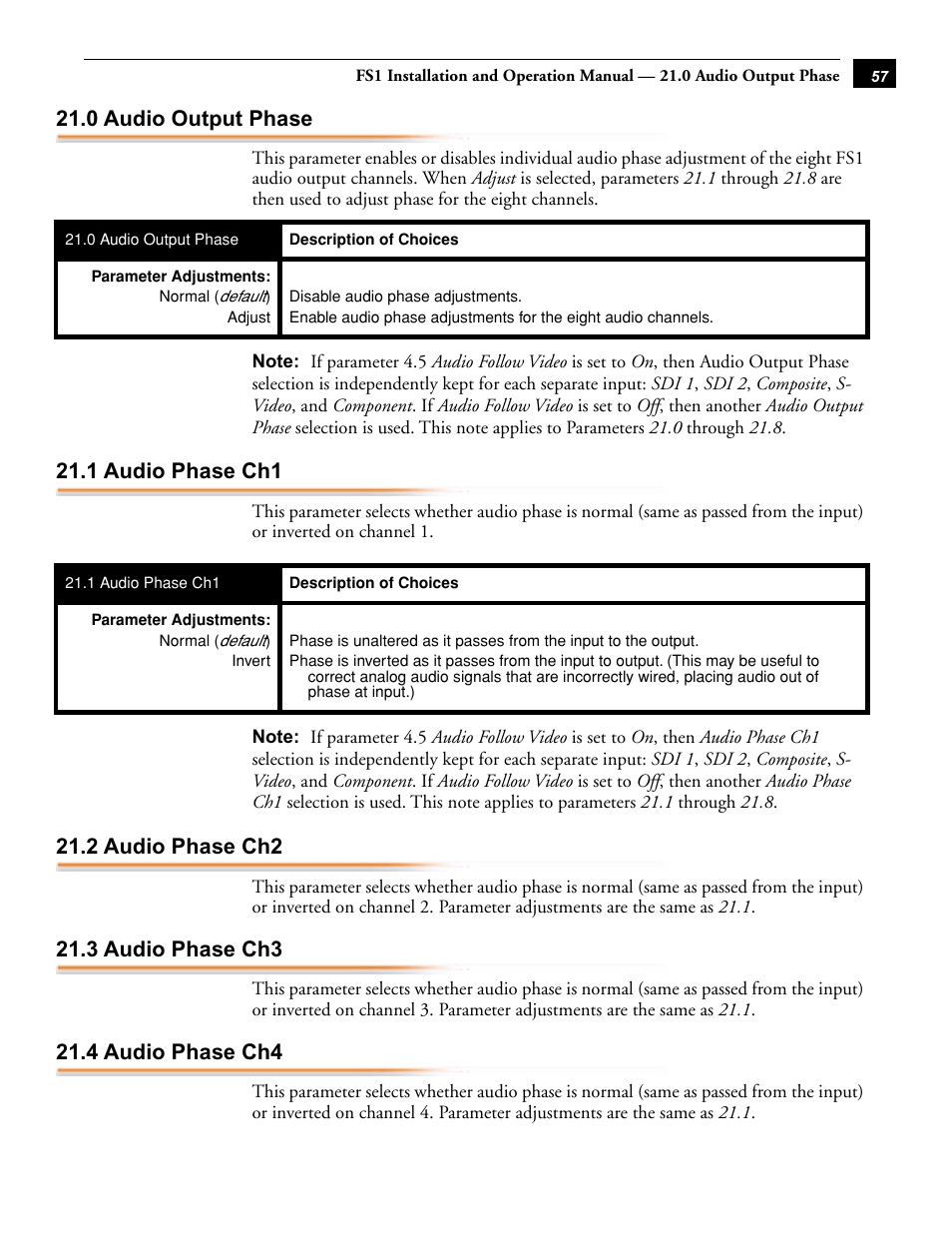 0 audio output phase, 1 audio phase ch1, 2 audio phase ch2 | 3 audio phase ch3, 4 audio phase ch4, 0 audio output phase 21.1 audio phase ch1 | AJA FS1 Version 2.2.0.47 User Manual | Page 67 / 138