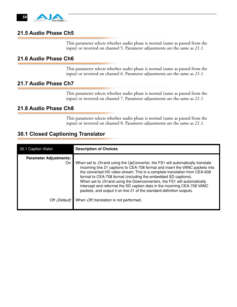 5 audio phase ch5, 6 audio phase ch6, 7 audio phase ch7 | 8 audio phase ch8, 1 closed captioning translator | AJA FS1 Version 2.2.0.47 User Manual | Page 68 / 138
