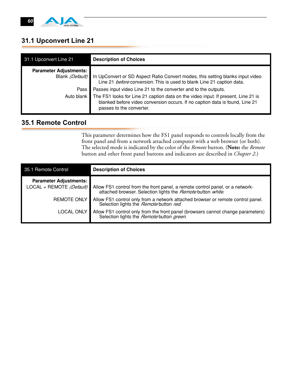1 upconvert line 21, 1 remote control, 1 upconvert line 21 35.1 remote control | AJA FS1 Version 2.2.0.47 User Manual | Page 70 / 138