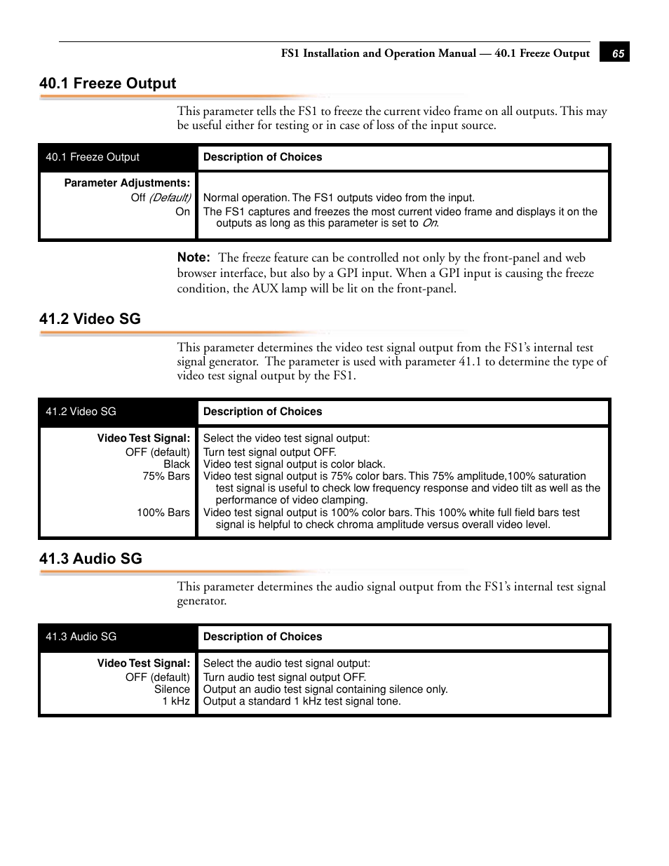 1 freeze output, 2 video sg, 3 audio sg | 1 freeze output 41.2 video sg 41.3 audio sg | AJA FS1 Version 2.2.0.47 User Manual | Page 75 / 138