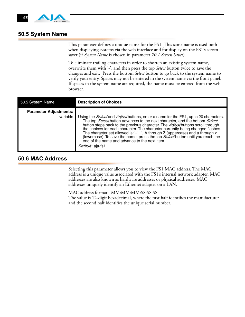 5 system name, 6 mac address, 5 system name 50.6 mac address | AJA FS1 Version 2.2.0.47 User Manual | Page 78 / 138