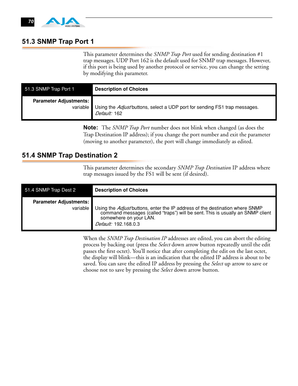 3 snmp trap port 1, 4 snmp trap destination 2, 3 snmp trap port 1 51.4 snmp trap destination 2 | AJA FS1 Version 2.2.0.47 User Manual | Page 80 / 138