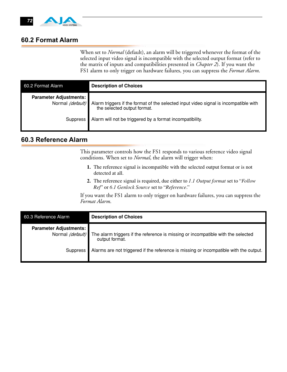 2 format alarm, 3 reference alarm, 2 format alarm 60.3 reference alarm | AJA FS1 Version 2.2.0.47 User Manual | Page 82 / 138