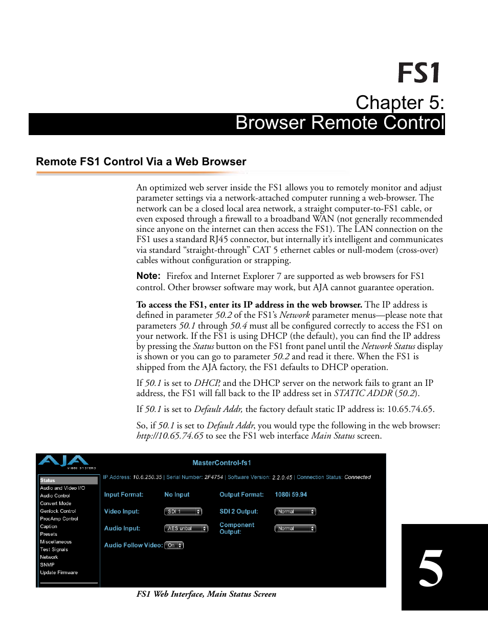 Chapter 5: browser remote control, Remote fs1 control via a web browser | AJA FS1 Version 2.2.0.47 User Manual | Page 87 / 138