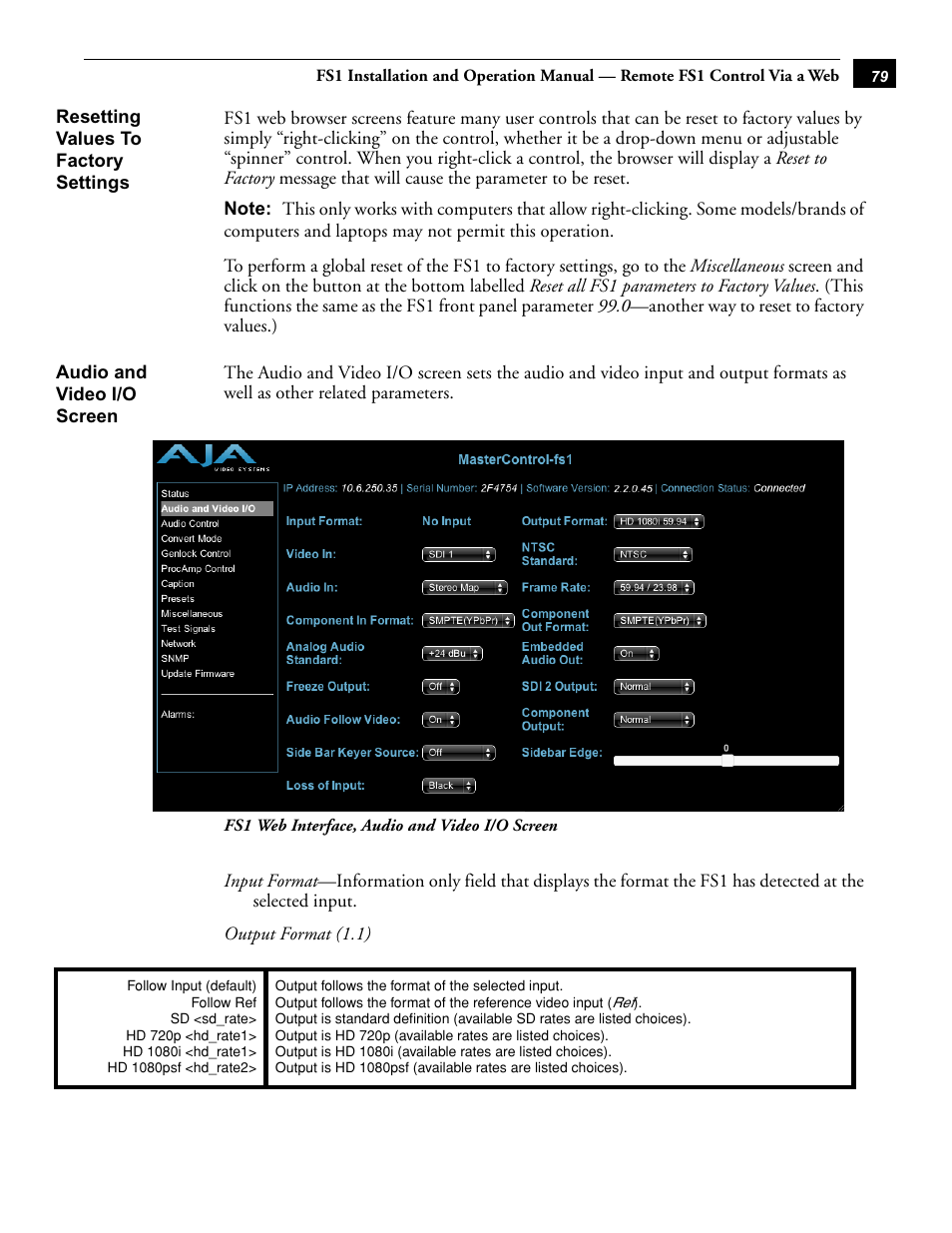 Resetting values to factory settings, Audio and video i/o screen | AJA FS1 Version 2.2.0.47 User Manual | Page 89 / 138