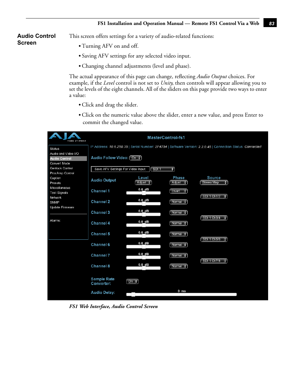 Audio control screen | AJA FS1 Version 2.2.0.47 User Manual | Page 93 / 138