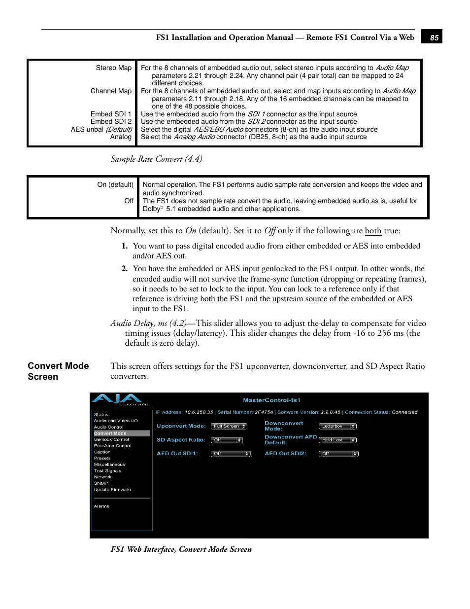 Convert mode screen | AJA FS1 Version 2.2.0.47 User Manual | Page 95 / 138