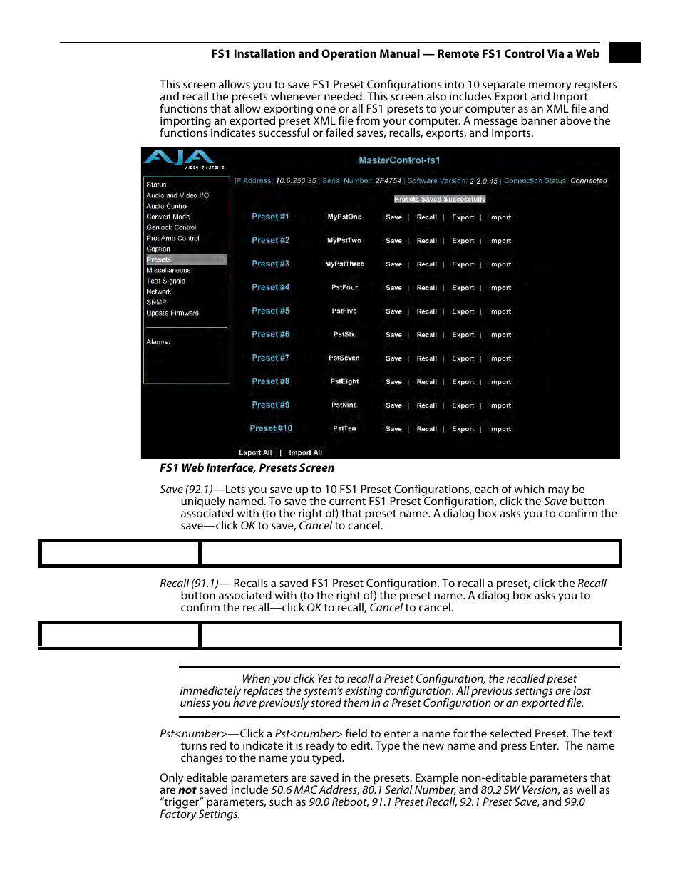 Presets screen | AJA FS1 Version 2.2.2.1 User Manual | Page 101 / 140