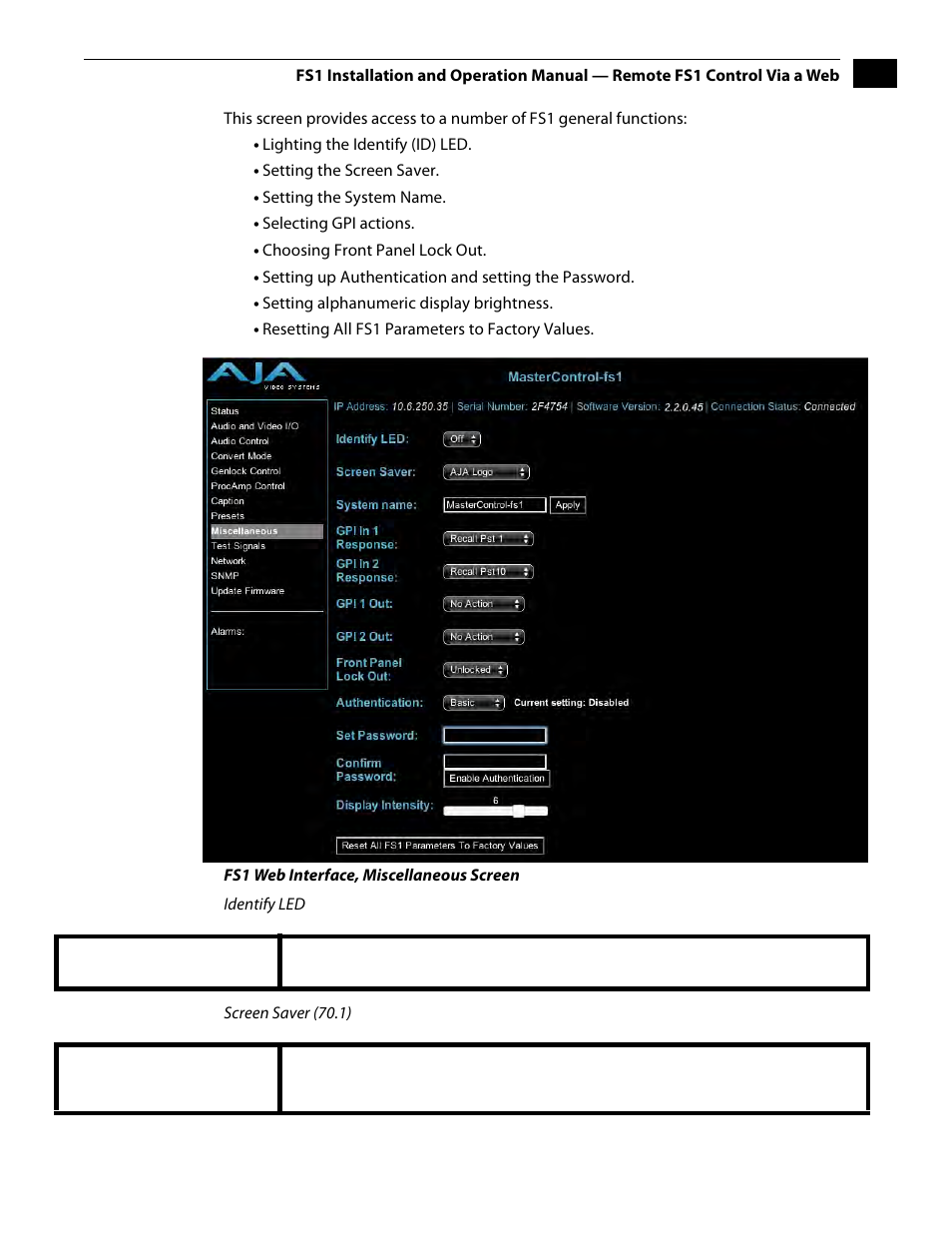 Miscellaneous screen | AJA FS1 Version 2.2.2.1 User Manual | Page 103 / 140