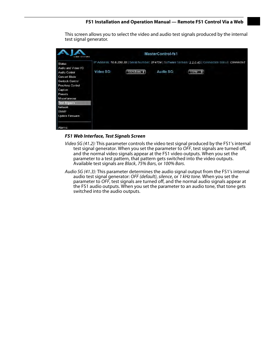 Test signals screen | AJA FS1 Version 2.2.2.1 User Manual | Page 109 / 140