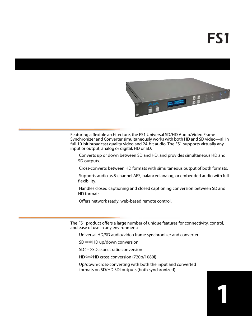 Chapter 1: introduction, Overview, Features | Chapter 1: introduction overview features | AJA FS1 Version 2.2.2.1 User Manual | Page 11 / 140