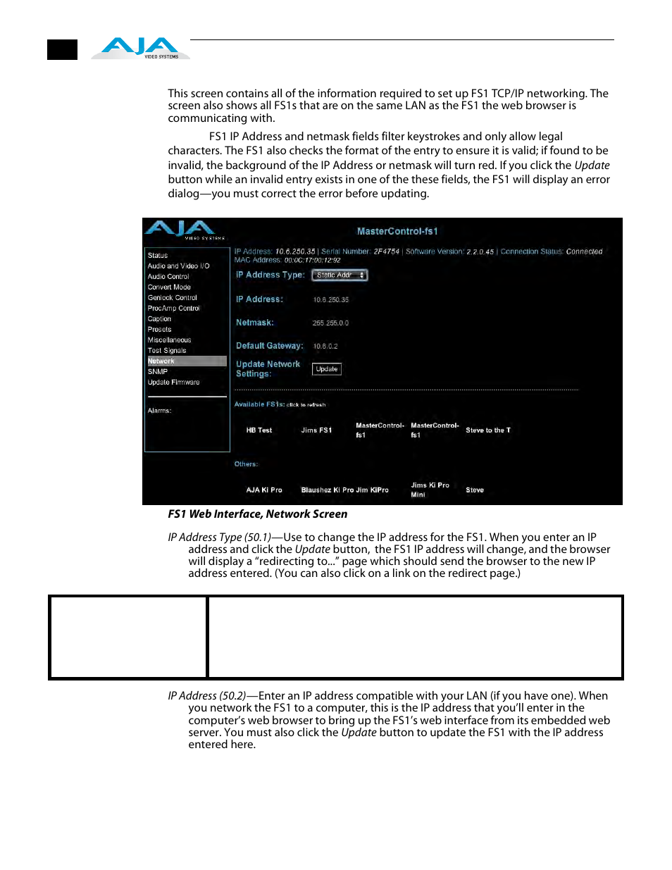 Network screen | AJA FS1 Version 2.2.2.1 User Manual | Page 110 / 140