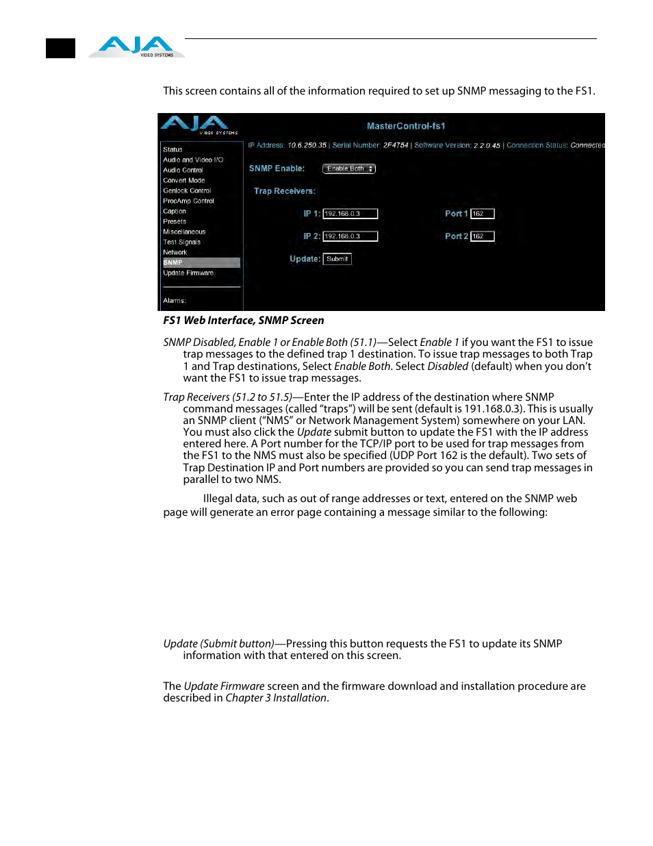 Snmp screen, Update firmware, Snmp screen update firmware | AJA FS1 Version 2.2.2.1 User Manual | Page 112 / 140