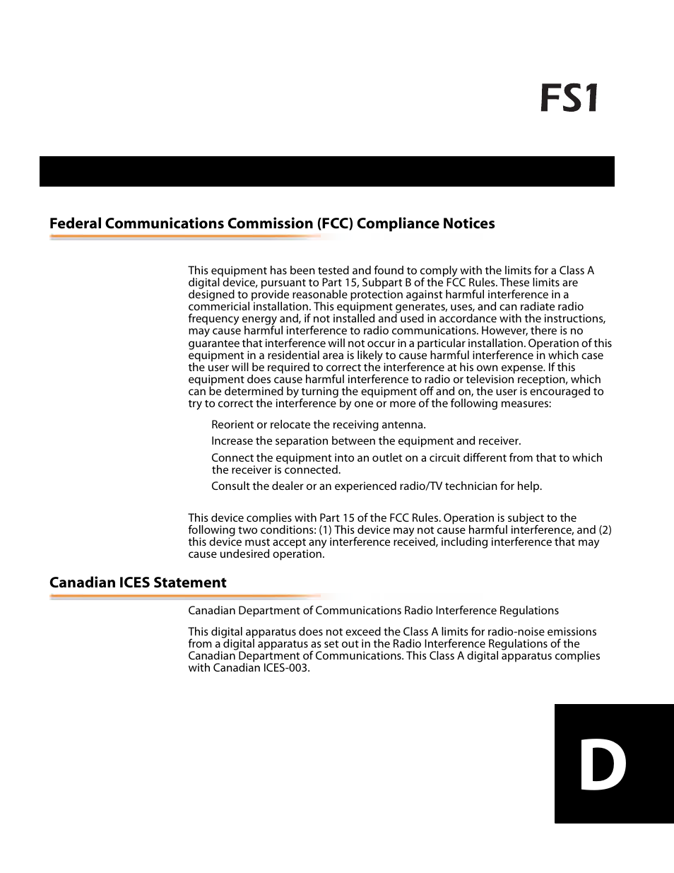 Appendix d: safety & compliance, Class a interference statement, Fcc caution | Canadian ices statement, Class a interference statement fcc caution, Appendix d, Safety & compliance | AJA FS1 Version 2.2.2.1 User Manual | Page 121 / 140
