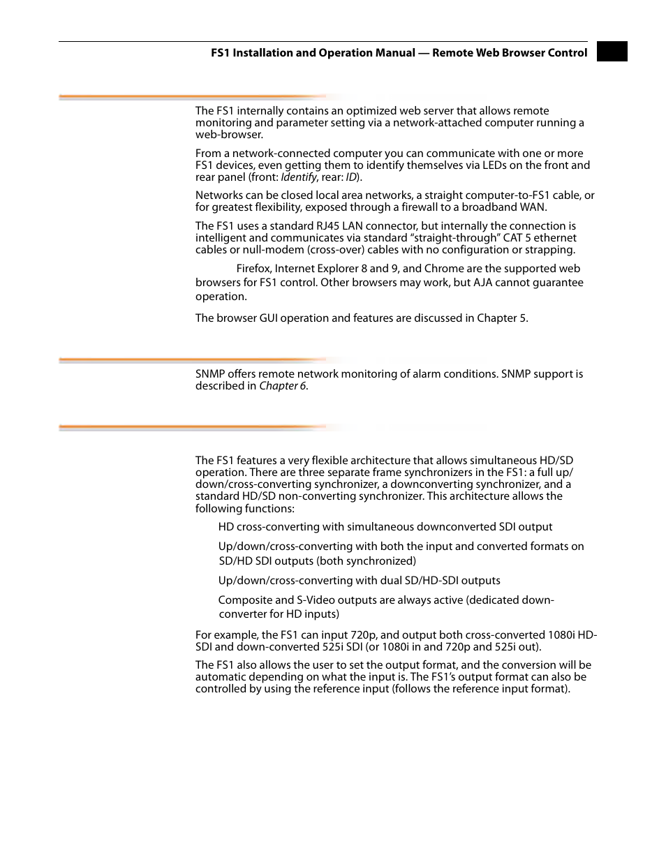 Remote web browser control, Snmp interface, Block diagram | Block diagram description | AJA FS1 Version 2.2.2.1 User Manual | Page 13 / 140