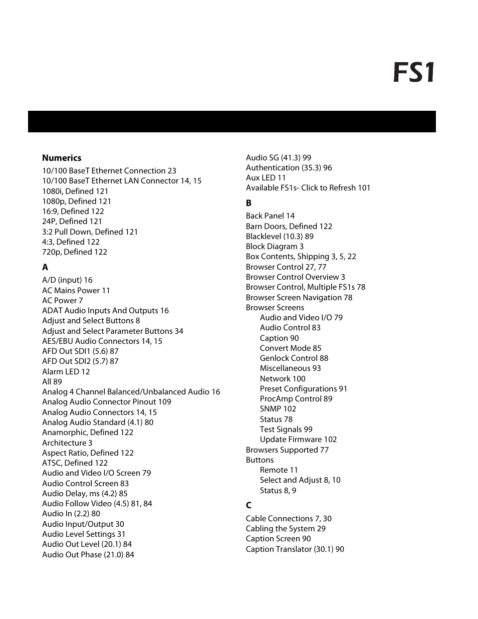 Index | AJA FS1 Version 2.2.2.1 User Manual | Page 135 / 140