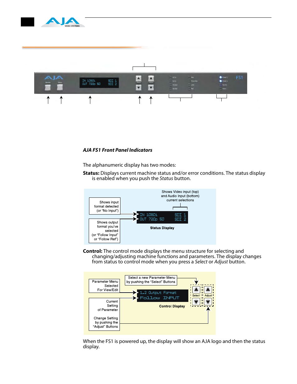 Front panel, Alphanumeric display, Aja fs1 front panel indicators | AJA FS1 Version 2.2.2.1 User Manual | Page 18 / 140