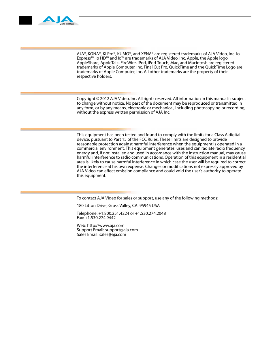 Trademarks, Notice, Fcc emission information | Contacting support | AJA FS1 Version 2.2.2.1 User Manual | Page 2 / 140