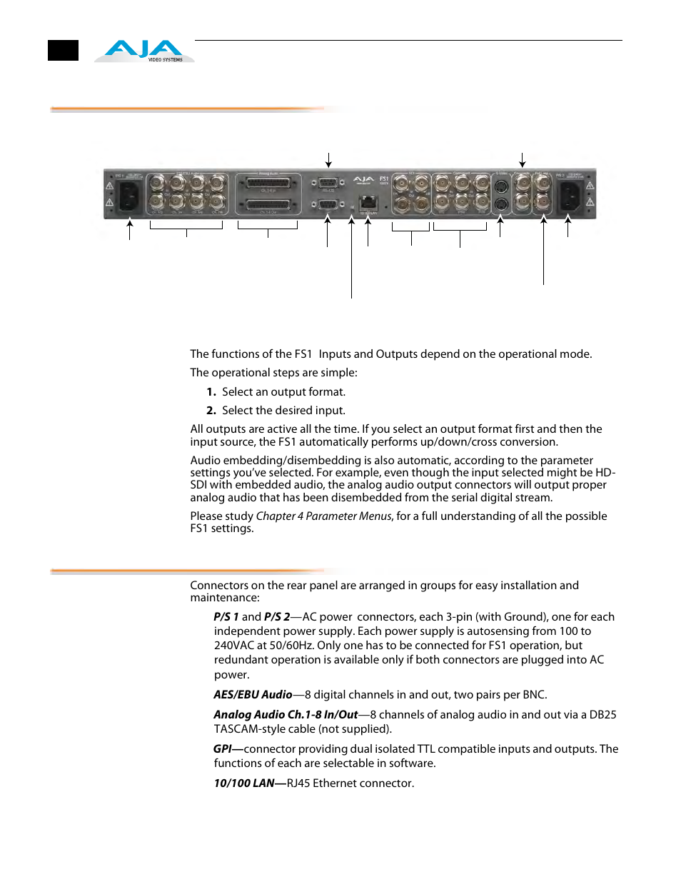 Rear panel, About inputs and outputs, Connectors | AJA FS1 Version 2.2.2.1 User Manual | Page 24 / 140