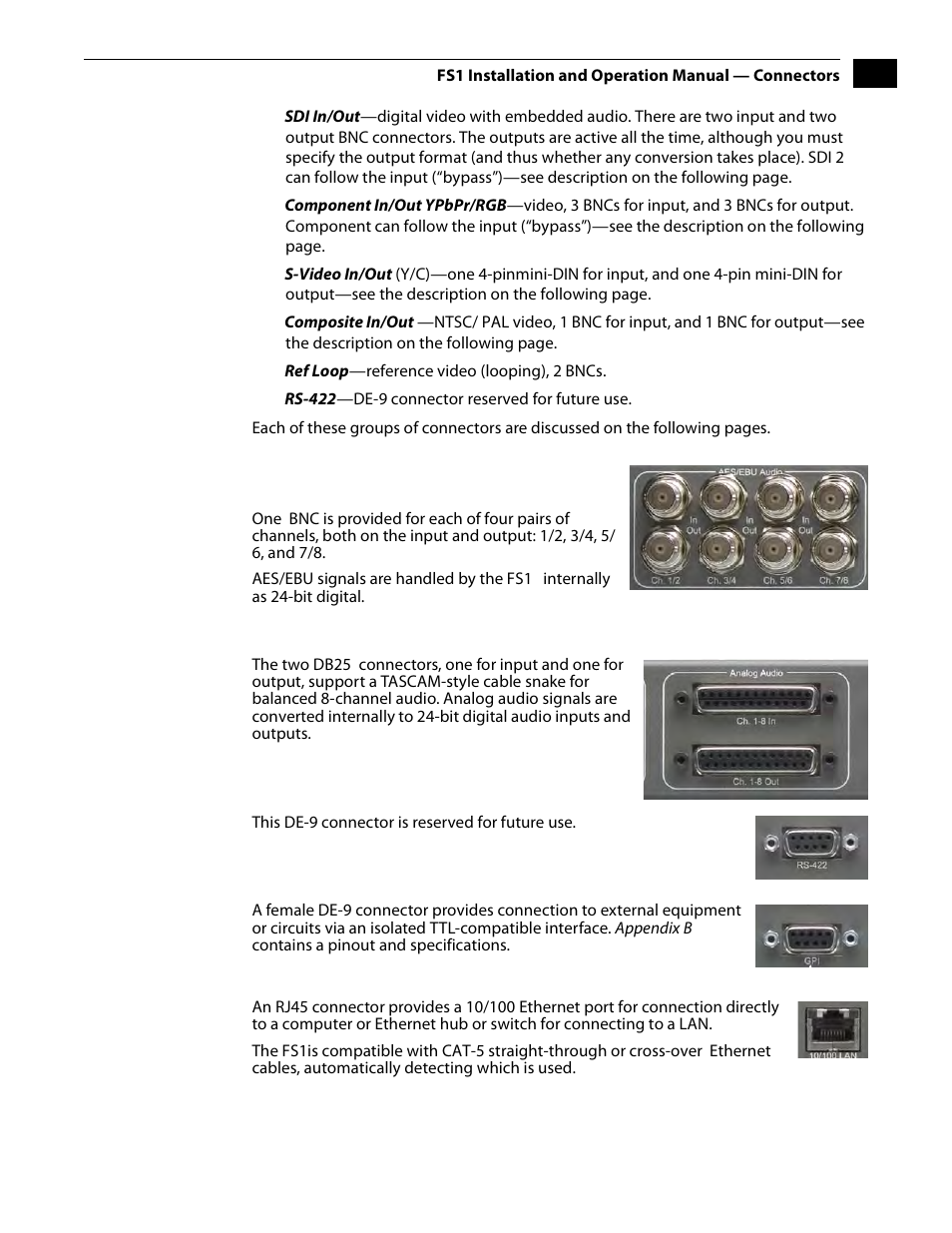 Connector descriptions, 8 channel aes/ebu audio inputs and outputs, Analog 8 channel audio | Rs-422 port | AJA FS1 Version 2.2.2.1 User Manual | Page 25 / 140