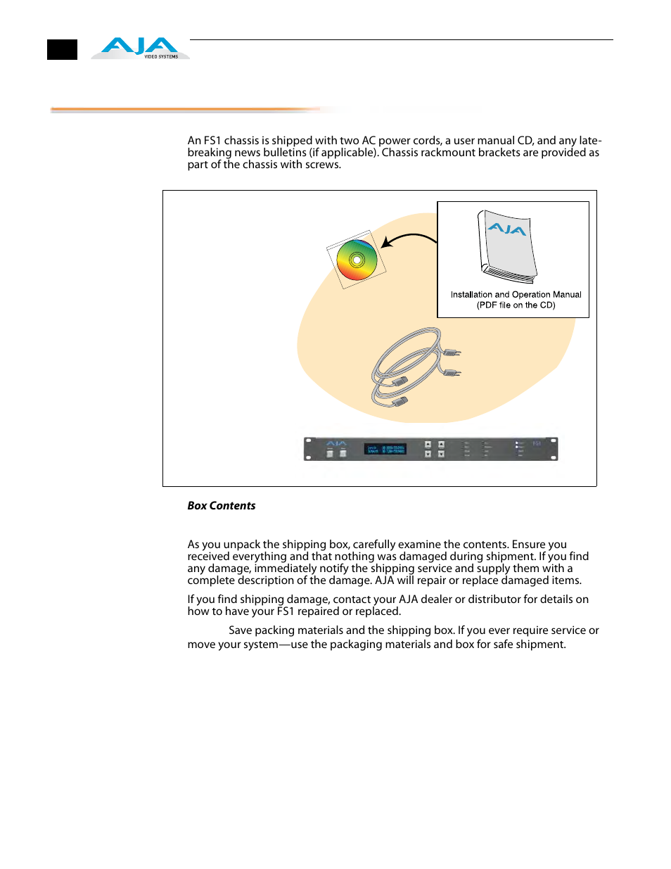 Unpacking, Shipping box contents | AJA FS1 Version 2.2.2.1 User Manual | Page 32 / 140