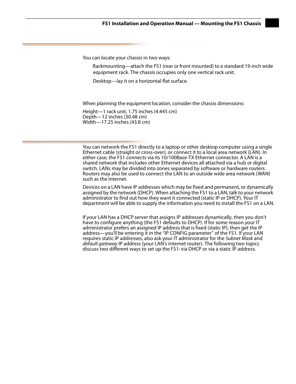 Mounting the fs1 chassis, Physical requirements, Chassis dimensions | Connecting to a network, Tcp/ip information you’ll need | AJA FS1 Version 2.2.2.1 User Manual | Page 33 / 140