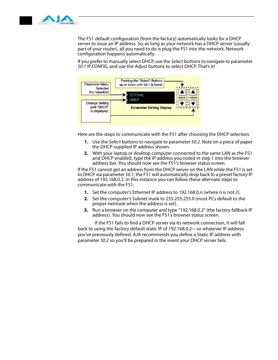 Networking the fs1 via dhcp | AJA FS1 Version 2.2.2.1 User Manual | Page 34 / 140
