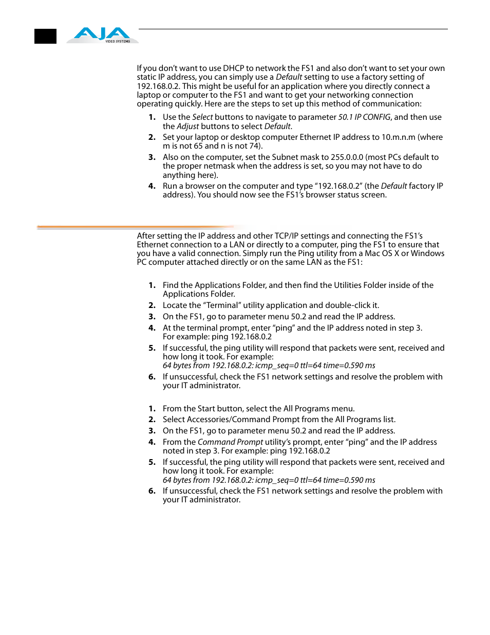 Networking the fs1 using the factory default ip, Using ping to test the network connection, Mac ping procedure | Windows pc ping procedure, Mac ping procedure windows pc ping procedure | AJA FS1 Version 2.2.2.1 User Manual | Page 36 / 140