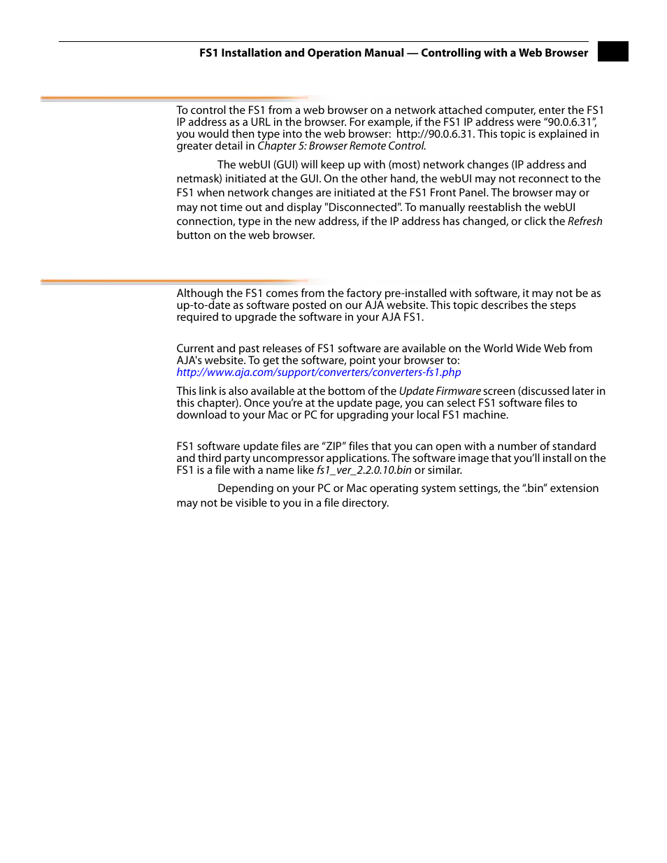 Controlling with a web browser, Installing the latest software, Download the latest fs1 software | Unpack the software | AJA FS1 Version 2.2.2.1 User Manual | Page 37 / 140