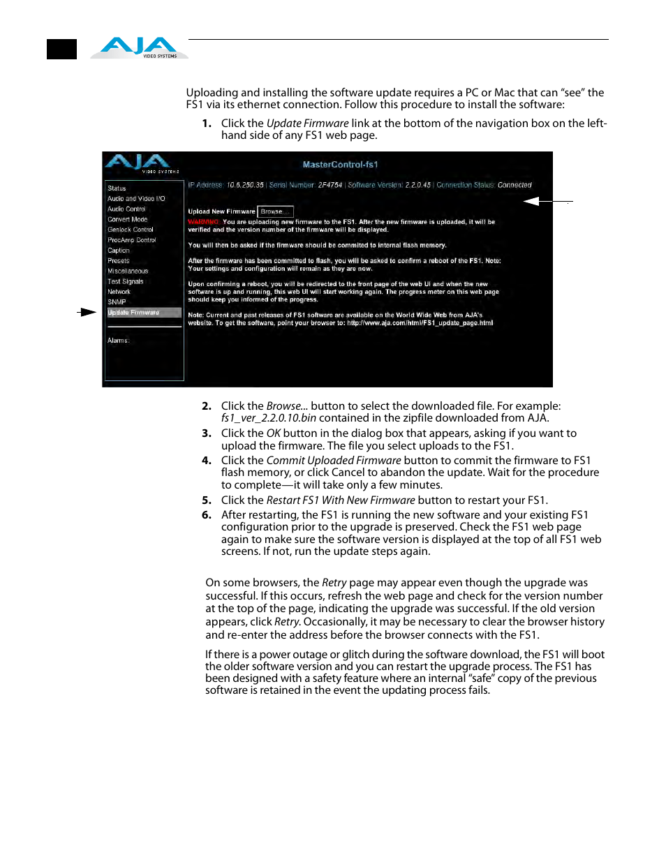 Uploading and installing the software to the fs1 | AJA FS1 Version 2.2.2.1 User Manual | Page 38 / 140