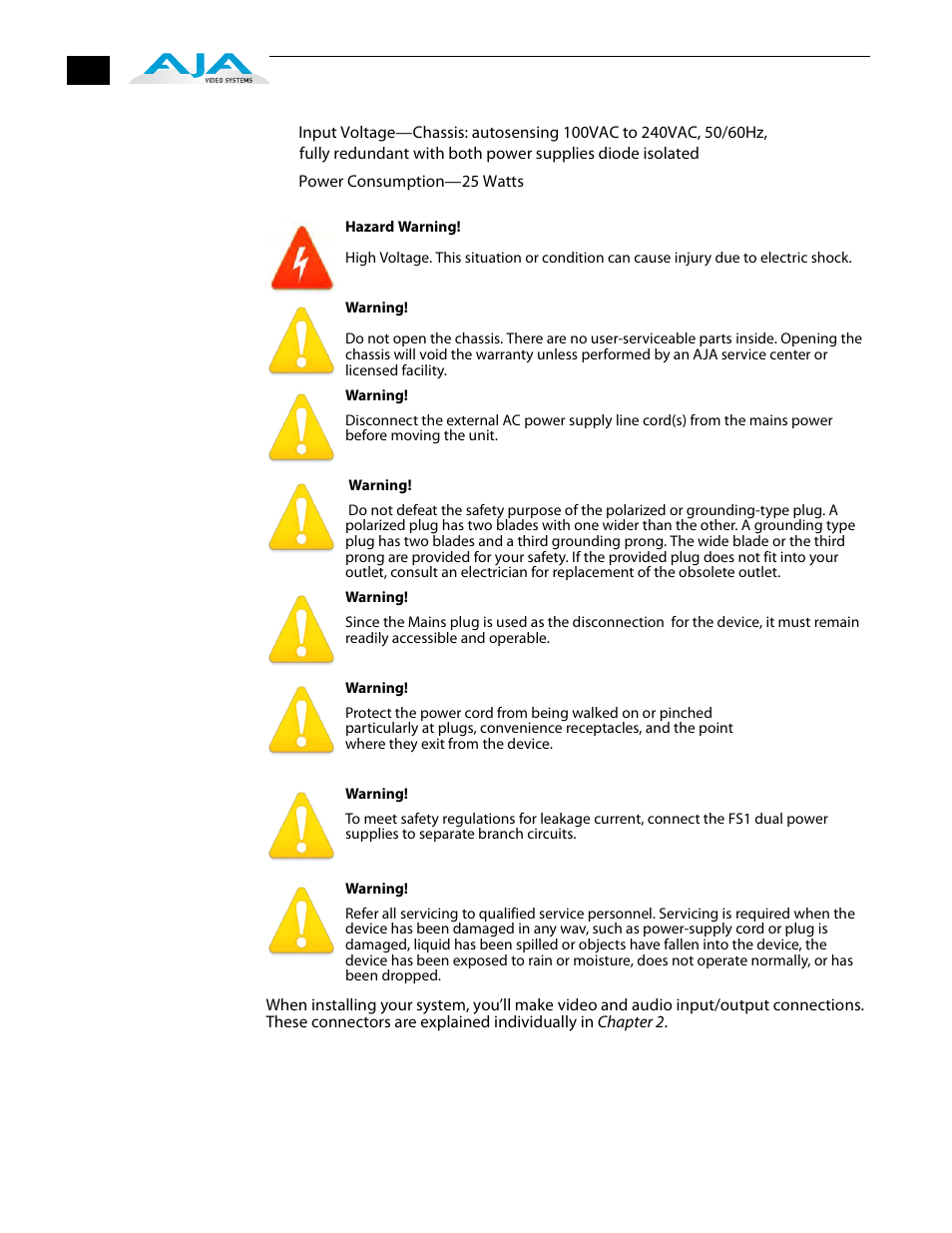 Power requirements, System video/ audio cable connections | AJA FS1 Version 2.2.2.1 User Manual | Page 40 / 140