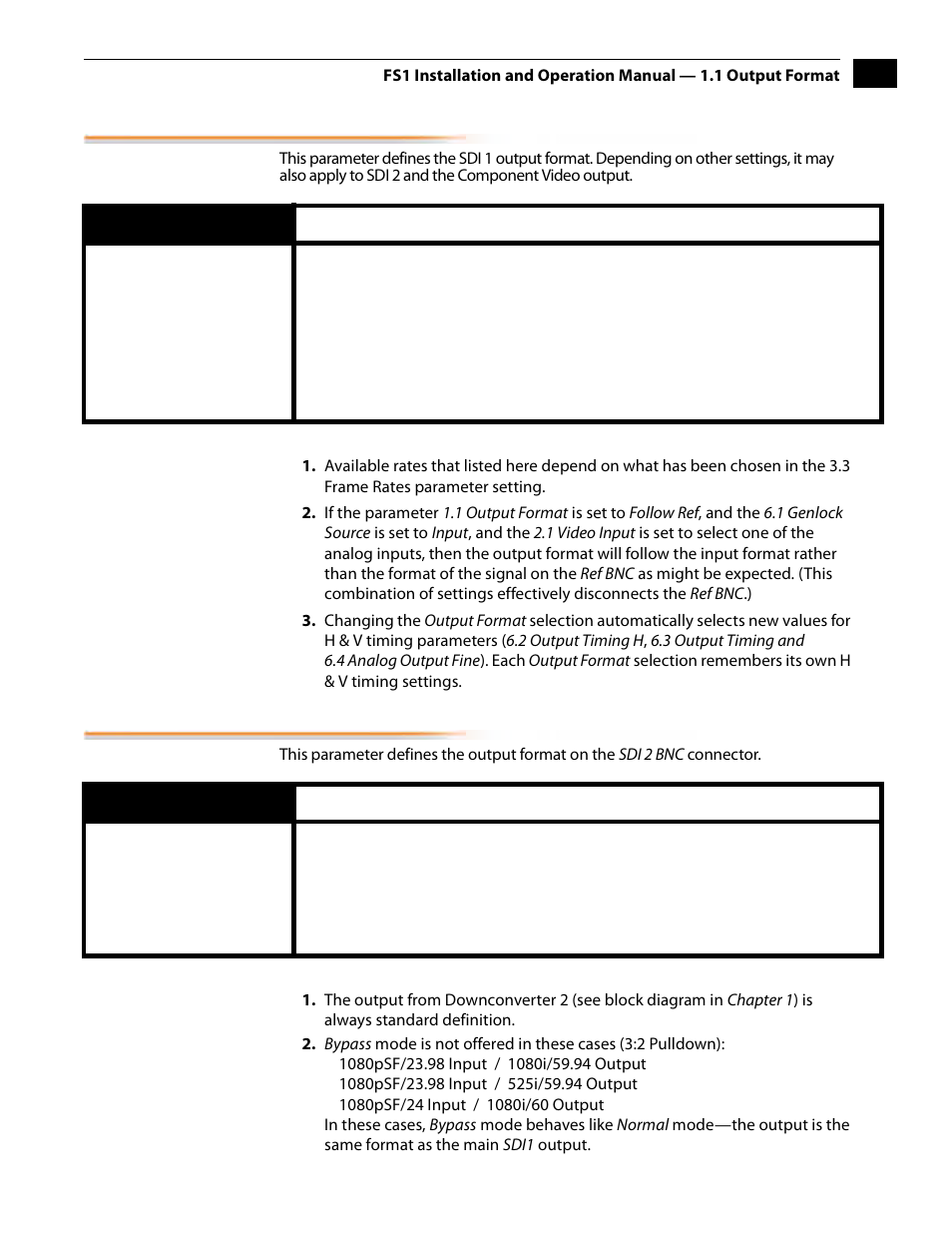 1 output format, 2 sdi 2 out format, 1 output format 1.2 sdi 2 out format | AJA FS1 Version 2.2.2.1 User Manual | Page 45 / 140