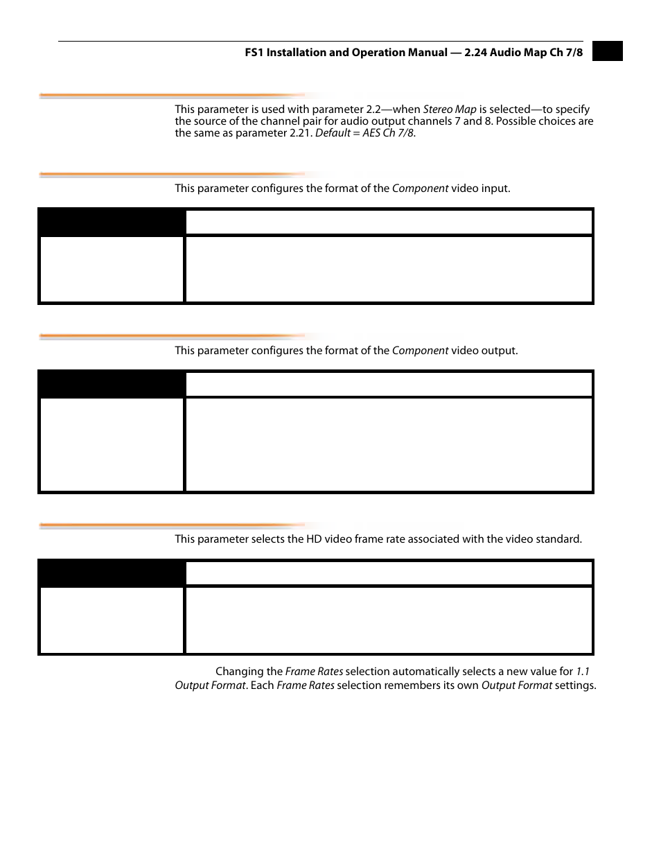 24 audio map ch 7/8, 1 component in format, 2 component out format | 3 frame rate | AJA FS1 Version 2.2.2.1 User Manual | Page 51 / 140