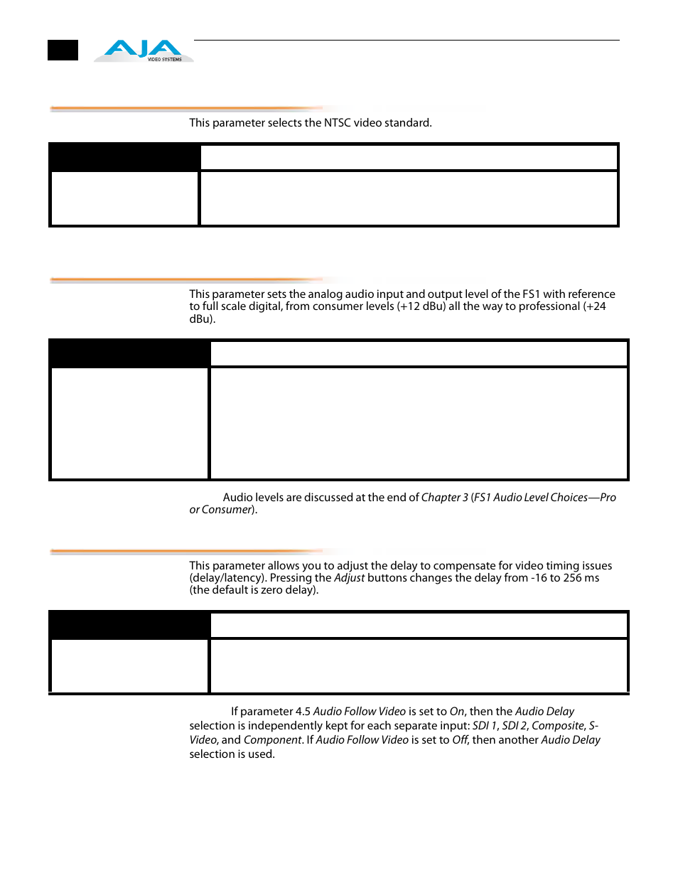 4 ntsc standard, 1 analog audio std, 2 audio delay (ms) | AJA FS1 Version 2.2.2.1 User Manual | Page 52 / 140