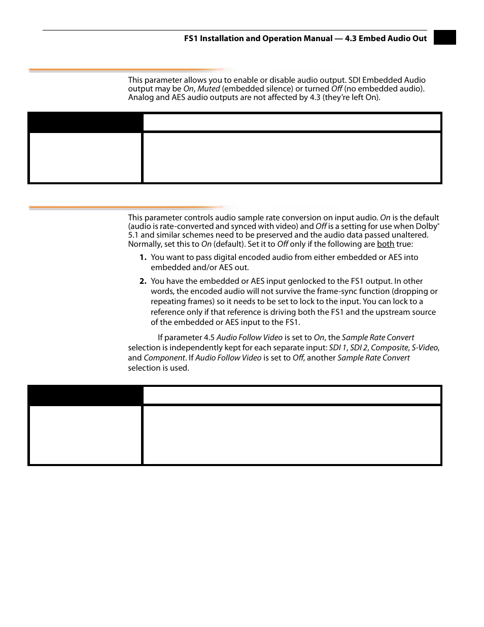 3 embed audio out, 4 sample rate convert, 3 embed audio out 4.4 sample rate convert | AJA FS1 Version 2.2.2.1 User Manual | Page 53 / 140