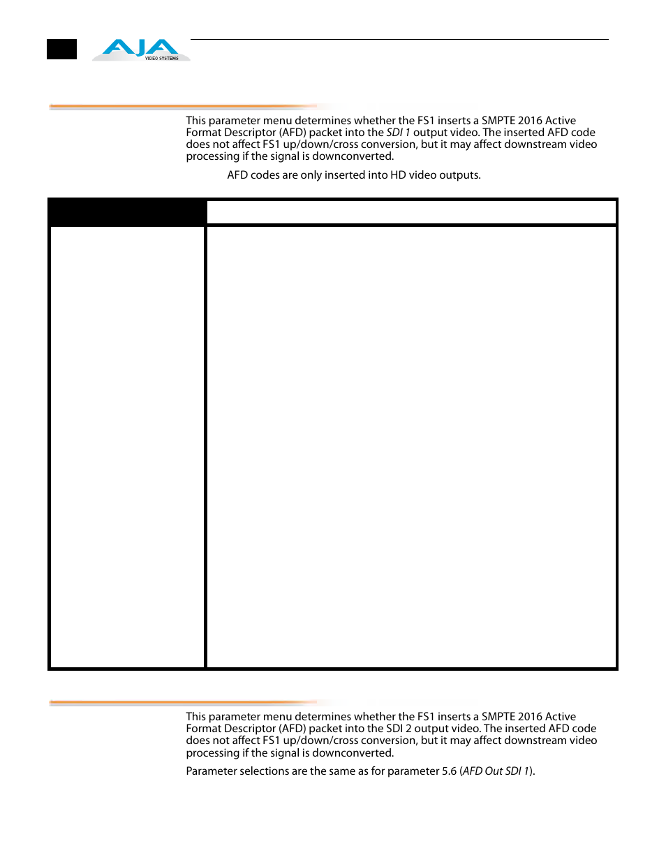 6 afd out sdi 1, 7 afd out sdi 2, 6 afd out sdi 1 5.7 afd out sdi 2 | AJA FS1 Version 2.2.2.1 User Manual | Page 60 / 140
