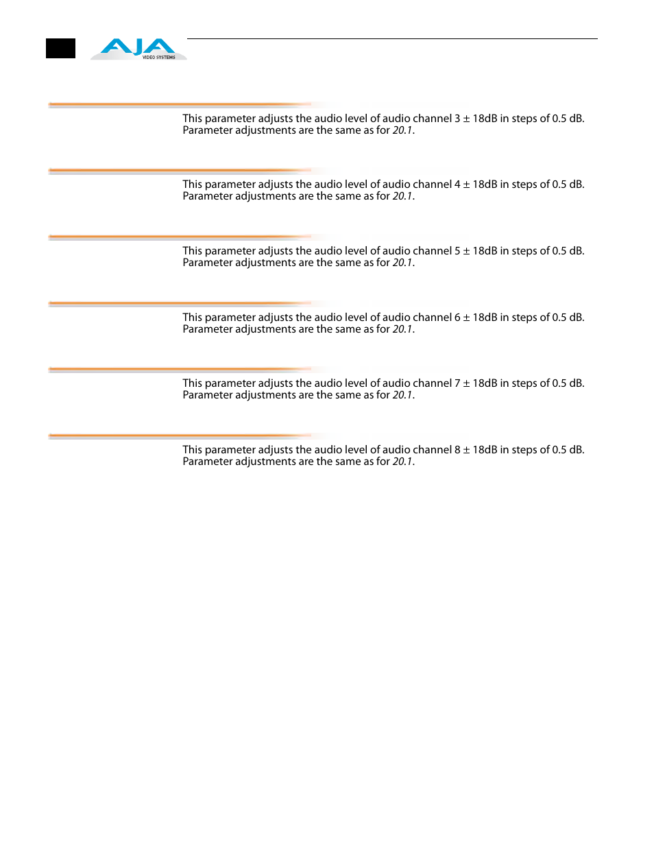 3 audio level ch3, 4 audio level ch4, 5 audio level ch5 | 6 audio level ch6, 7 audio level ch7, 8 audio level ch8 | AJA FS1 Version 2.2.2.1 User Manual | Page 66 / 140