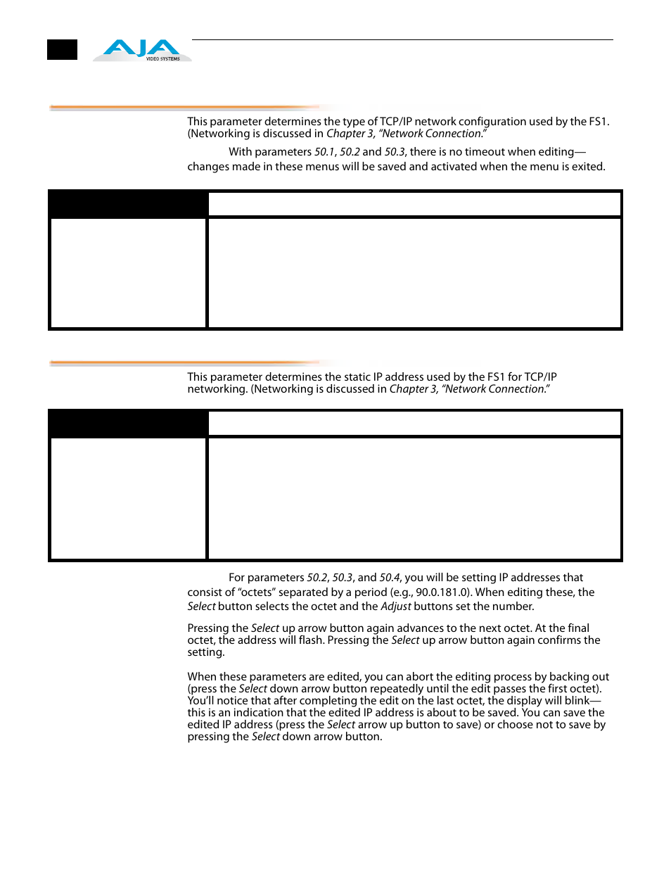 1 ip config, 2 ip address, 1 ip config 50.2 ip address | AJA FS1 Version 2.2.2.1 User Manual | Page 76 / 140