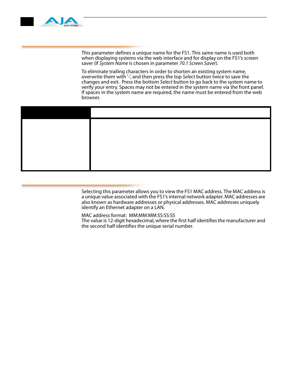 5 system name, 6 mac address, 5 system name 50.6 mac address | AJA FS1 Version 2.2.2.1 User Manual | Page 78 / 140