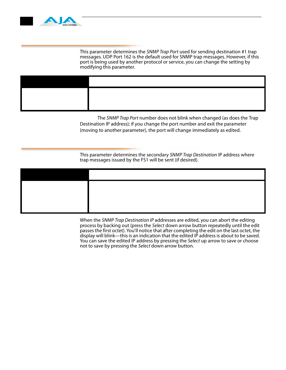 3 snmp trap port 1, 4 snmp trap destination 2, 3 snmp trap port 1 51.4 snmp trap destination 2 | AJA FS1 Version 2.2.2.1 User Manual | Page 80 / 140