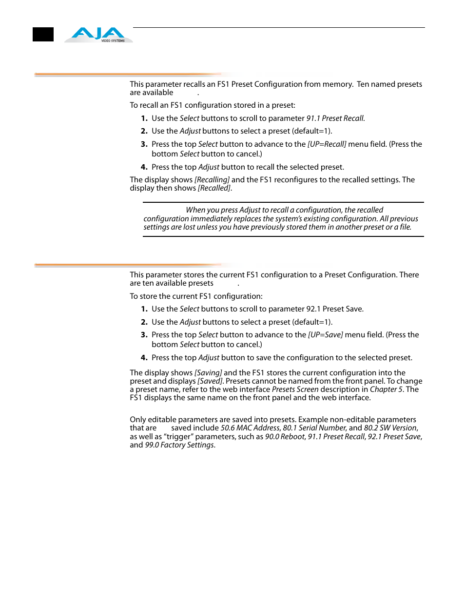 1 preset recall, 1 preset save, Parameters not stored | 1 preset recall 92.1 preset save | AJA FS1 Version 2.2.2.1 User Manual | Page 84 / 140