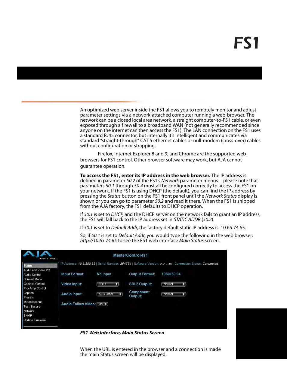 Chapter 5: browser remote control, Remote fs1 control via a web browser | AJA FS1 Version 2.2.2.1 User Manual | Page 87 / 140