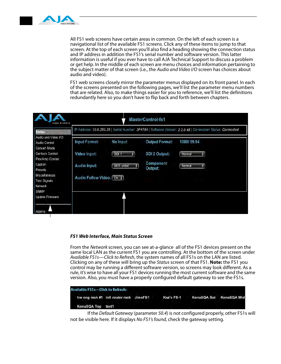 General screen information, Controlling multiple fs1s | AJA FS1 Version 2.2.2.1 User Manual | Page 88 / 140