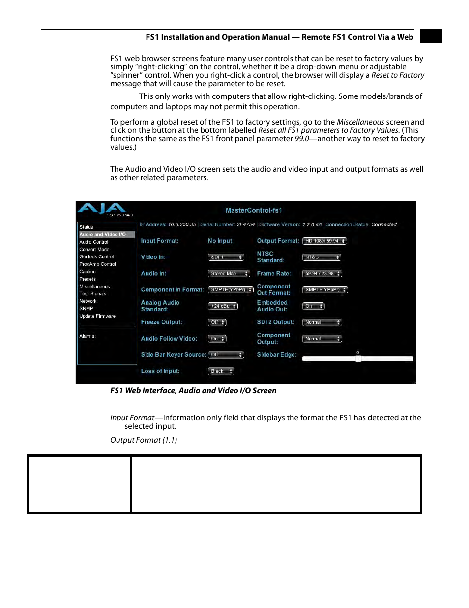 Resetting values to factory settings, Audio and video i/o screen | AJA FS1 Version 2.2.2.1 User Manual | Page 89 / 140