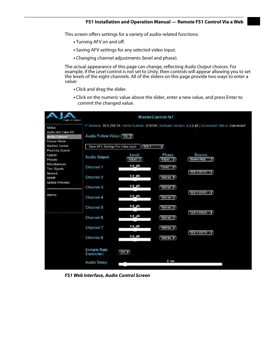 Audio control screen | AJA FS1 Version 2.2.2.1 User Manual | Page 93 / 140