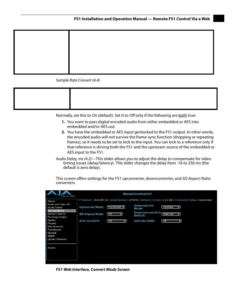 Convert mode screen | AJA FS1 Version 2.2.2.1 User Manual | Page 95 / 140