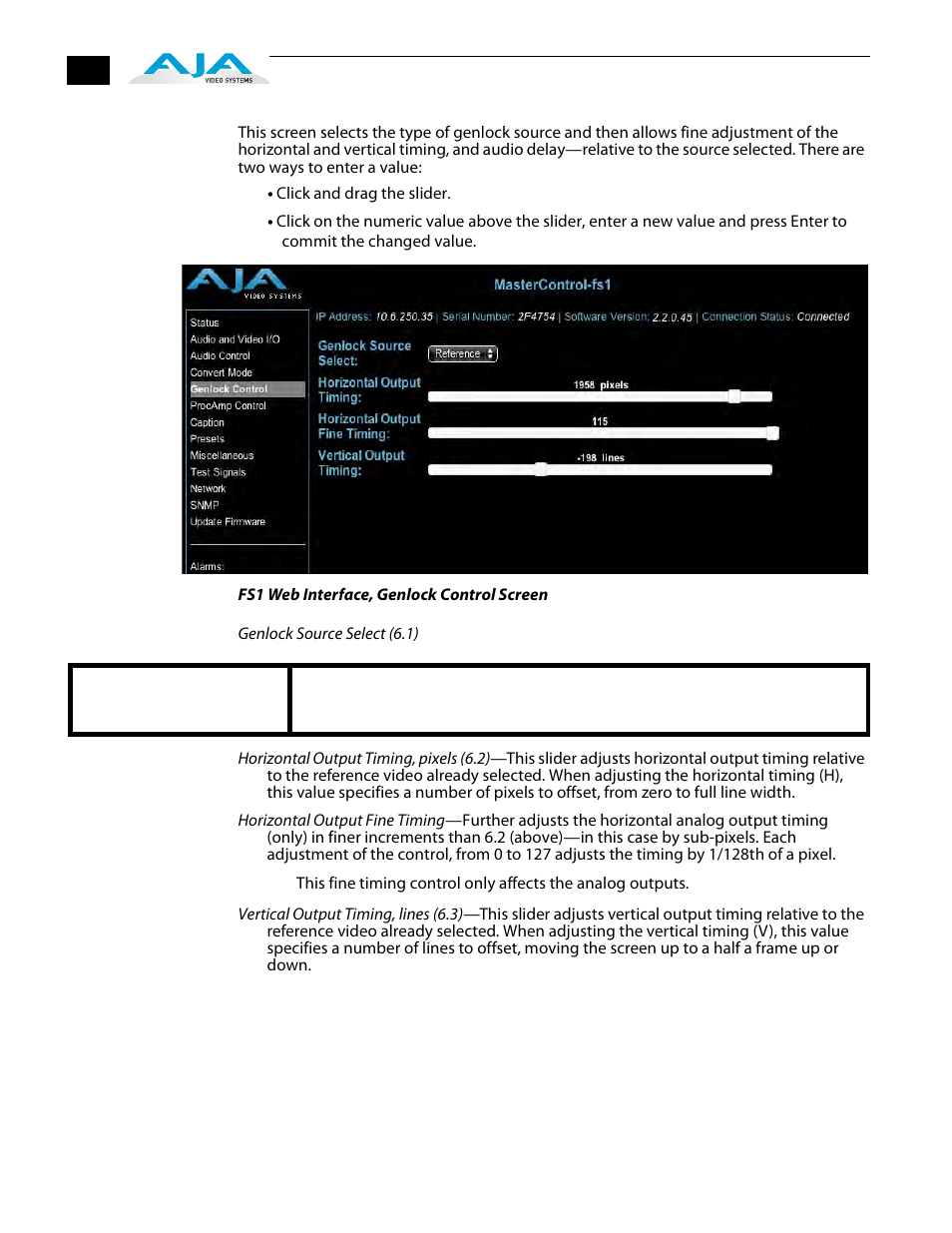 Genlock control screen | AJA FS1 Version 2.2.2.1 User Manual | Page 98 / 140