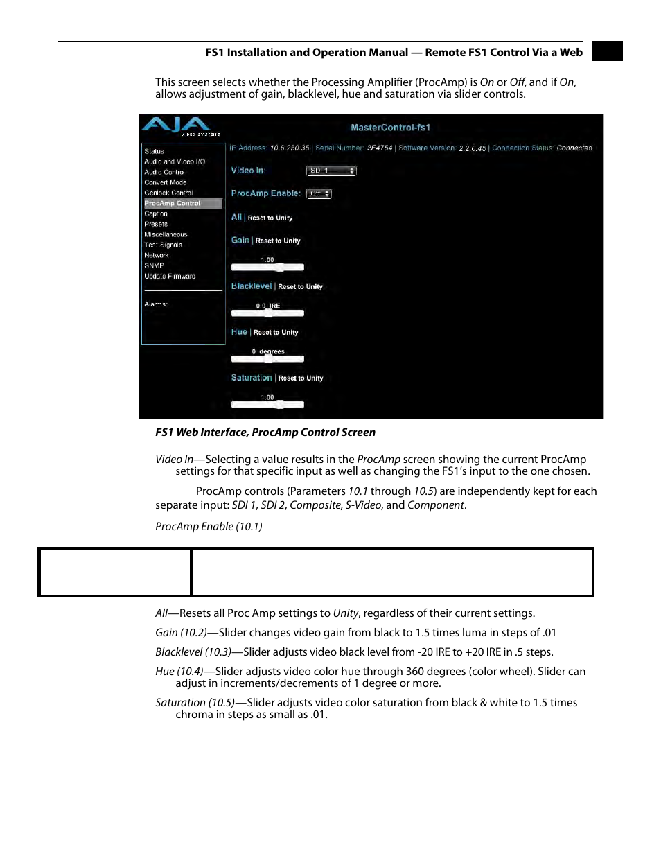 Procamp control screen | AJA FS1 Version 2.2.2.1 User Manual | Page 99 / 140