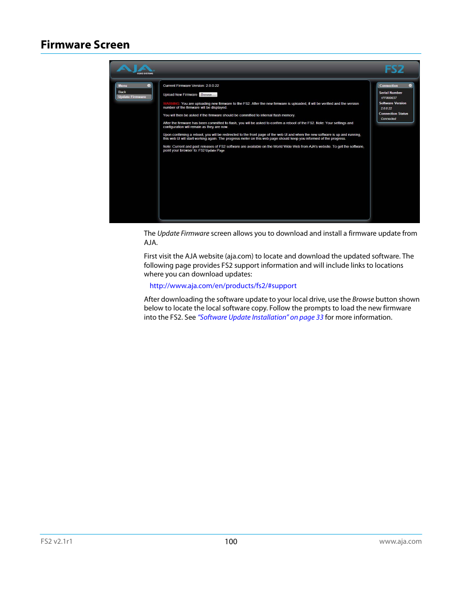 Firmware screen | AJA FS2 Manual User Manual | Page 100 / 125